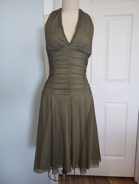 Olive Green Halter Fit-and-Flare Stretchy Dress, S